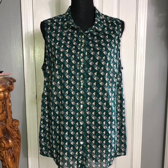 H&M Tops - H&M Button Up Shirt Women’s 14 Multicolor Geometric Sleeveless Thin See …